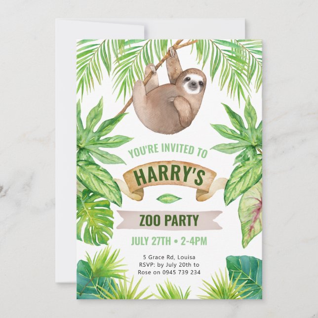 Sloth Invitation, Zoo birthday Invitation (Front)