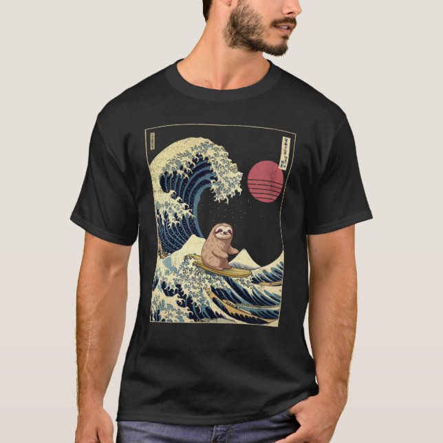 Sloth Kanagawa Japanese Surfing Wave T-Shirt (Front)