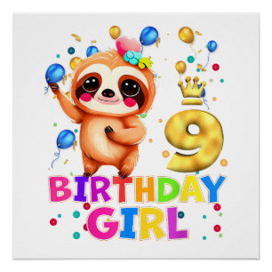 Sloth Kids 9 Year Old Sloth 9th Birthday Party T-S Poster