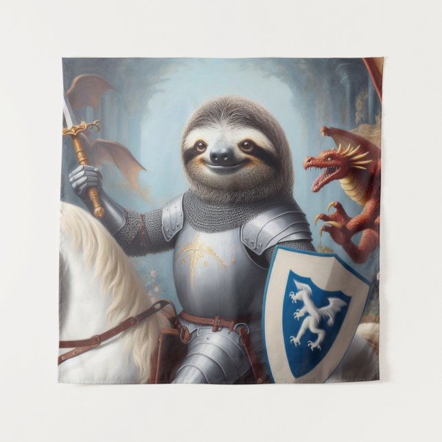 Sloth Knight Fighting Dragons Tapestry (Front)