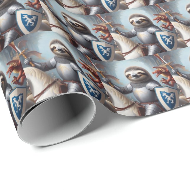 Sloth Knight Fighting Dragons Wrapping Paper (Roll Corner)