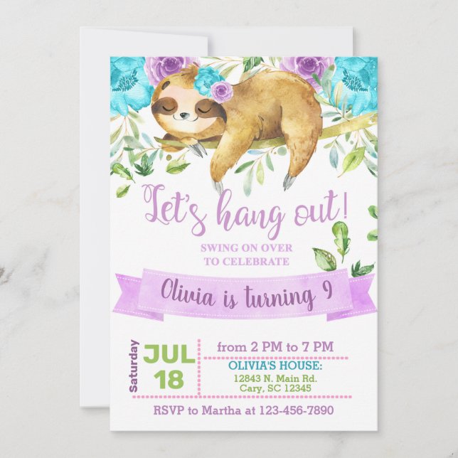 Sloth let's hang out girl invitation, purple. invitation (Front)