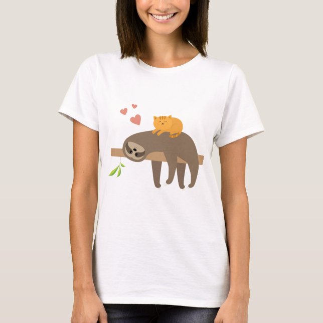 Sloth Love Cat Funny Men Women Kid Gift Tee (Front)