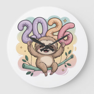 Sloth Lovers New Year 2026 Lazy Vibes, Cozy Large Clock