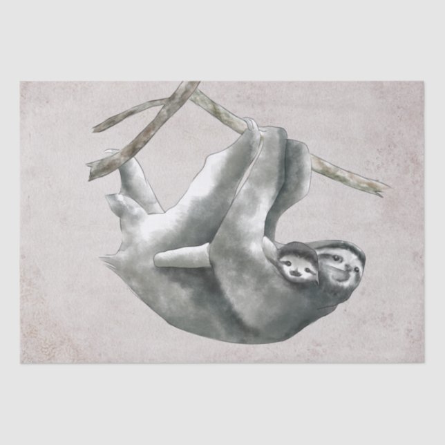 Sloth Mama and Baby Watercolor Tissue Paper (Front)