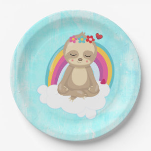 Sloth Meditating on a Rainbow Cloud Paper Plate