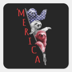 Sloth Merica Sloth In Zipper Graphic American Flag Square Sticker