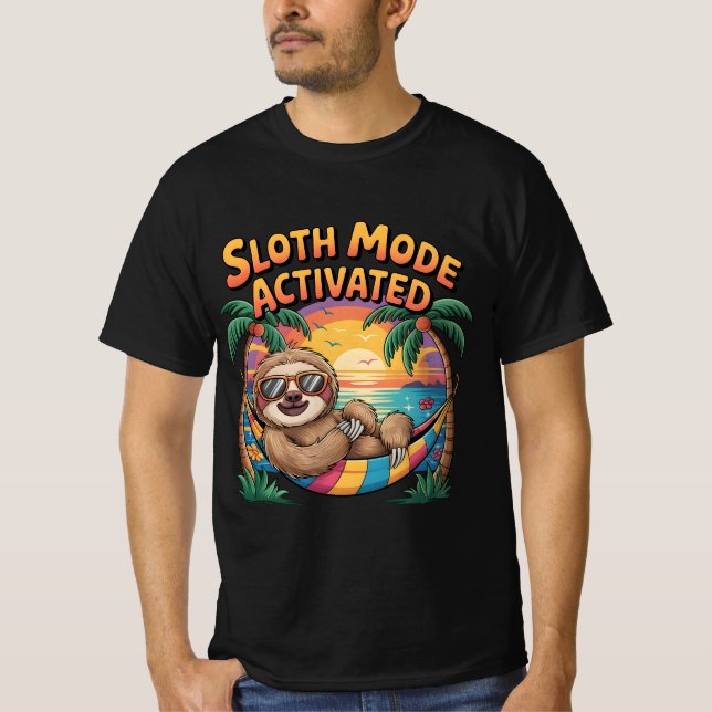Sloth Mode Activated–Funny Lazy Vibes Beach T-Shirt (Front)