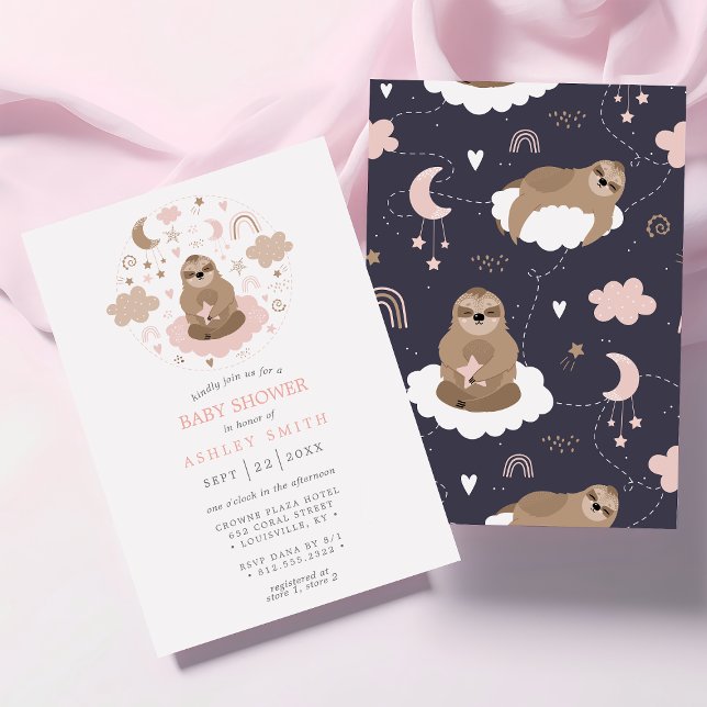 Sloth Moon Stars Pink Cute Girl Baby Shower Invitation (Creator Uploaded)