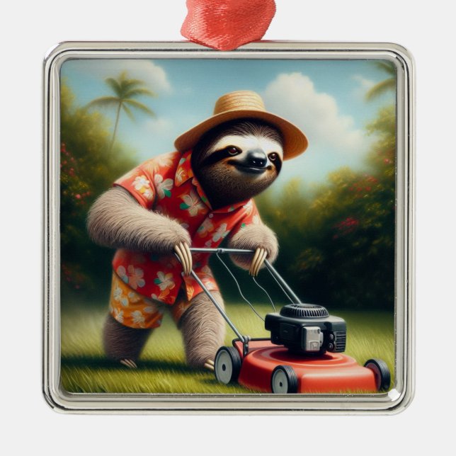 Sloth Mowing Lawn Metal Ornament (Front)