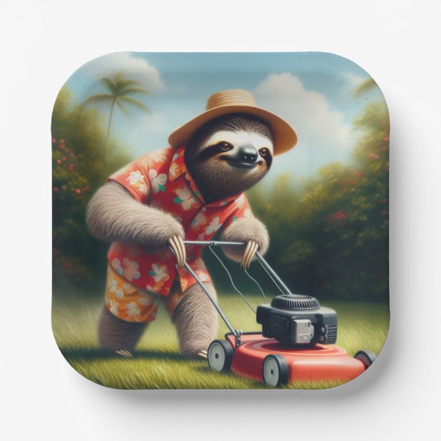 Sloth Mowing Lawn Paper Plate (Front)