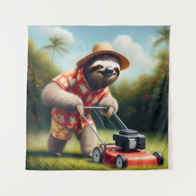Sloth Mowing Lawn Tapestry (Front)