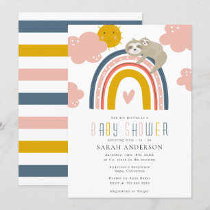 Sloth Mum & Baby with Happy Rainbow Baby Shower  Invitation