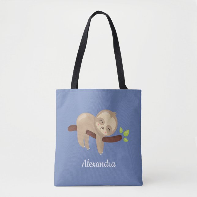 Sloth on Branch Kawaii Style Animal Blue Tote Bag (Front)