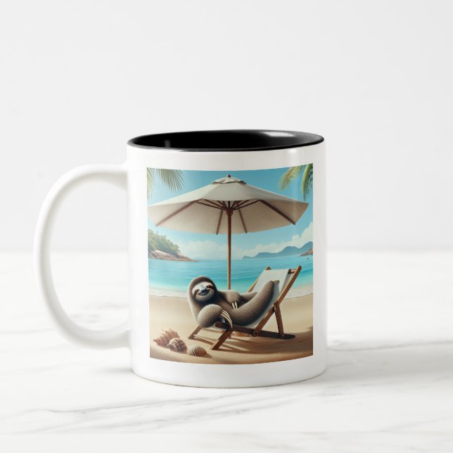 Sloth on the Beach Funny   Two-Tone Coffee Mug (Left)