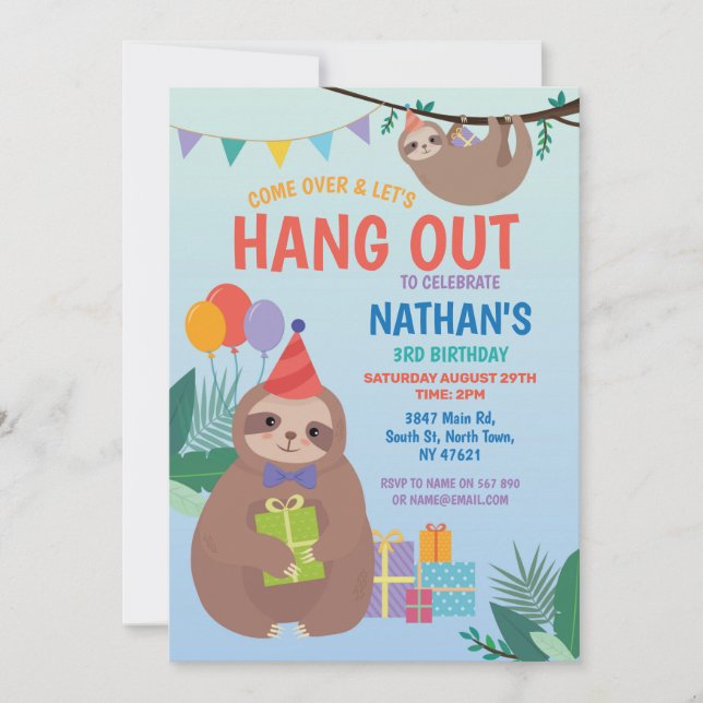 Sloth Party Birthday Cute Fun Blue Animals Invitation (Front)