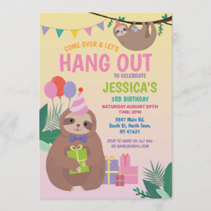 Sloth Party Birthday Cute Fun Pink Animals Invitation