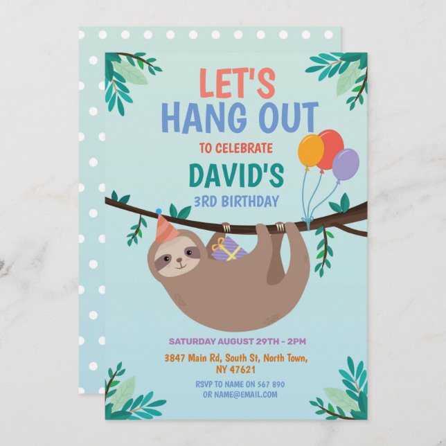 Sloth Party Birthday Let's Hang Out Blue Invitation (Front/Back)