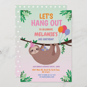 Sloth Party Birthday Let's Hang Out Pink Invitation