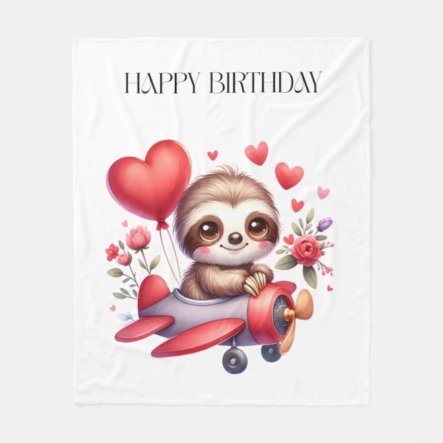 Sloth Pilot Birthday Fleece Blanket (Front)