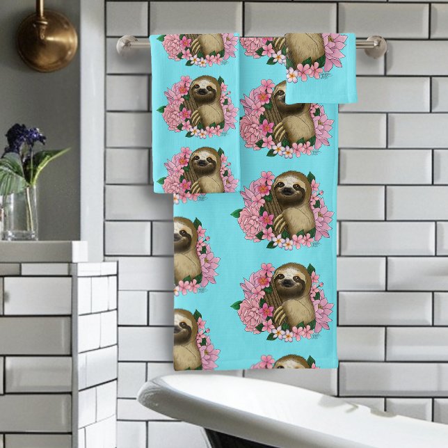 Sloth Pink Flowers  Bath Towel Set (Creator Uploaded)