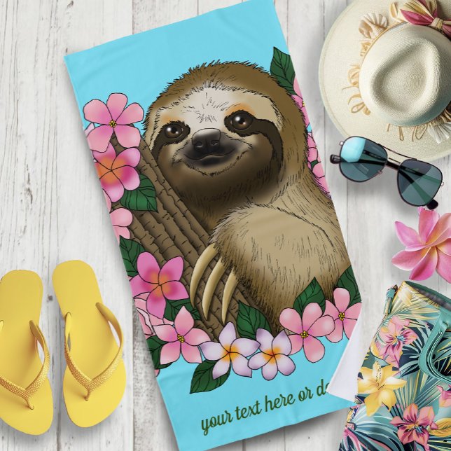 Sloth Pink Flowers  Beach Towel (Creator Uploaded)