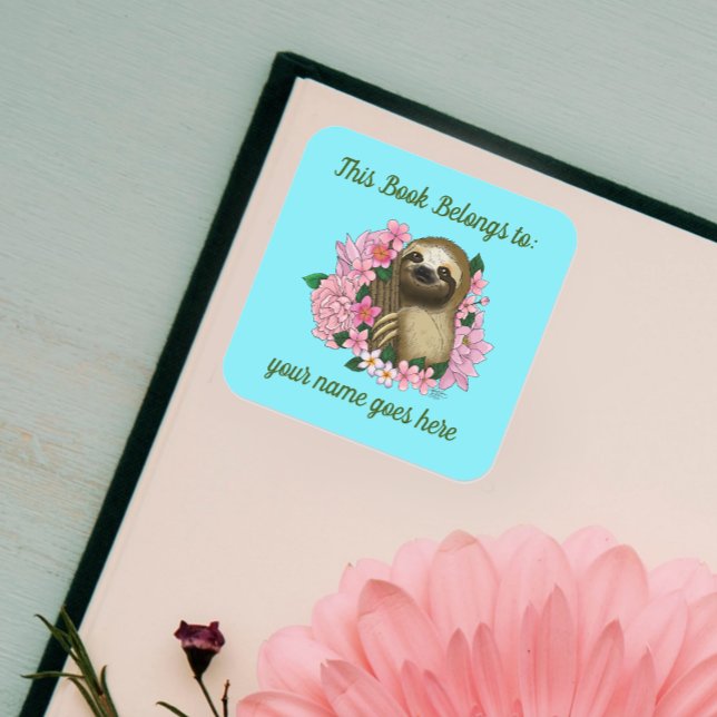 Sloth Pink Flowers Bookplate Square Sticker (Creator Uploaded)