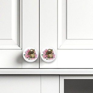 Sloth Pink Flowers Ceramic Knob
