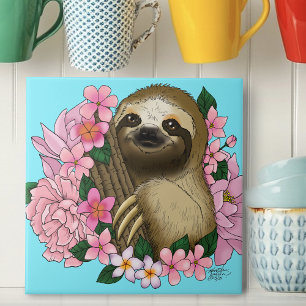 Sloth Pink Flowers Ceramic Tile