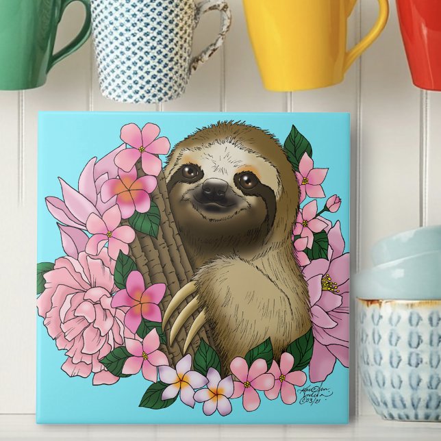 Sloth Pink Flowers Ceramic Tile (Creator Uploaded)
