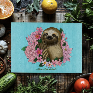 Sloth Pink Flowers Cutting Board