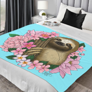 Sloth Pink Flowers Fleece Blanket
