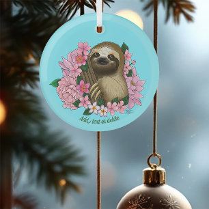 Sloth Pink Flowers Glass Tree Decoration