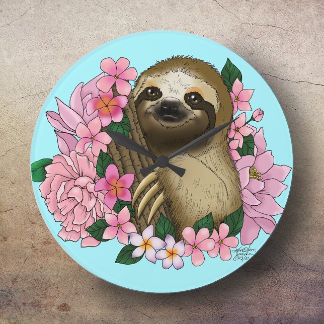 Sloth Pink Flowers Large Clock (Creator Uploaded)