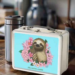 Sloth Pink Flowers Metal Lunch Box