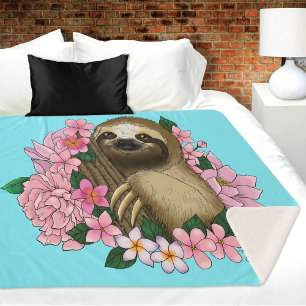 Sloth Pink Flowers Sherpa Blanket