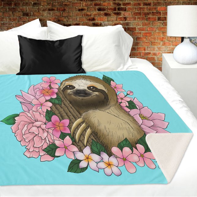 Sloth Pink Flowers Sherpa Blanket (Creator Uploaded)