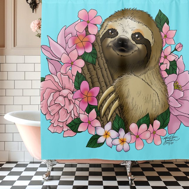 Sloth Pink Flowers Shower Curtain (Creator Uploaded)
