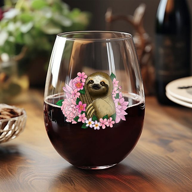 Sloth Pink Flowers Stemless Wine Glass (Creator Uploaded)