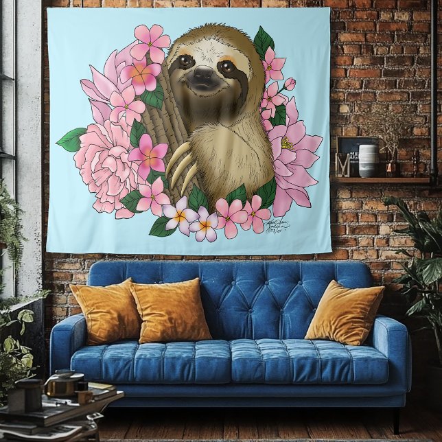 Sloth Pink Flowers Tapestry (Creator Uploaded)