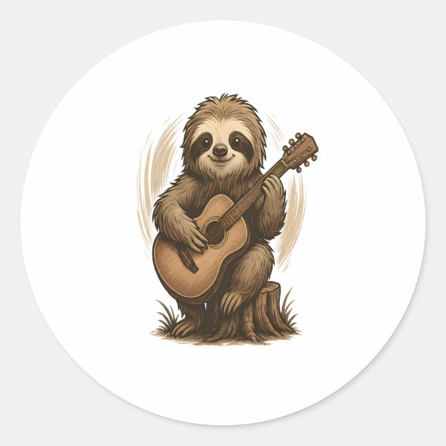 Sloth Playing Guitar Classic Round Sticker (Front)