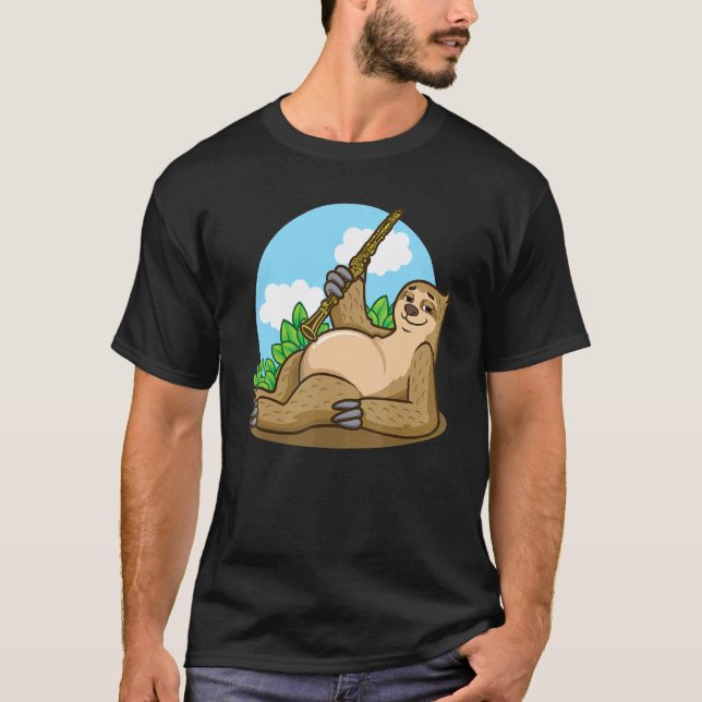 Sloth Playing The Oboe Musical Wind Instruments T-Shirt (Front)