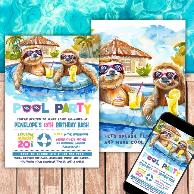 Sloth Pool Party Birthday Invitation (Creator Uploaded)