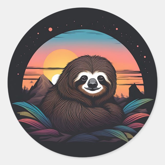 Sloth Portrait With Sunset Classic Round Sticker (Front)