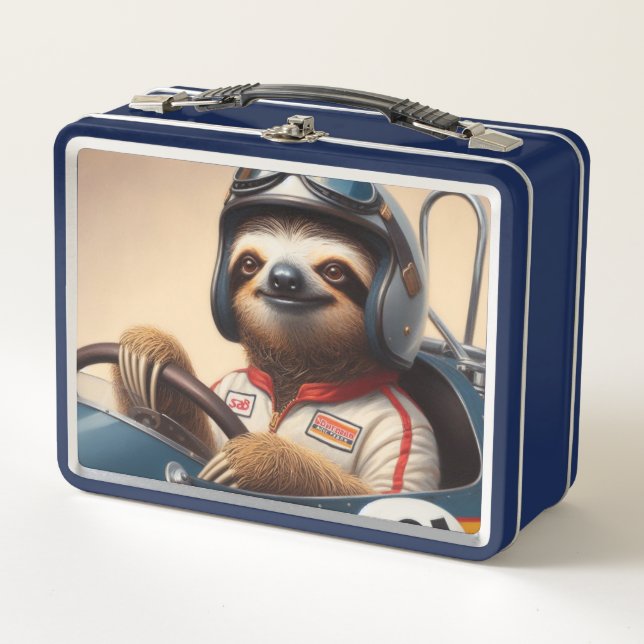 Sloth Racecar Driver Metal Lunch Box (Front)