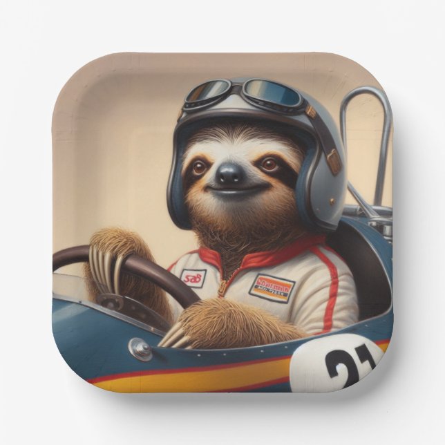 Sloth Racecar Driver Paper Plate (Front)