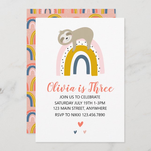 Sloth Rainbow Birthday Invitation (Front/Back)