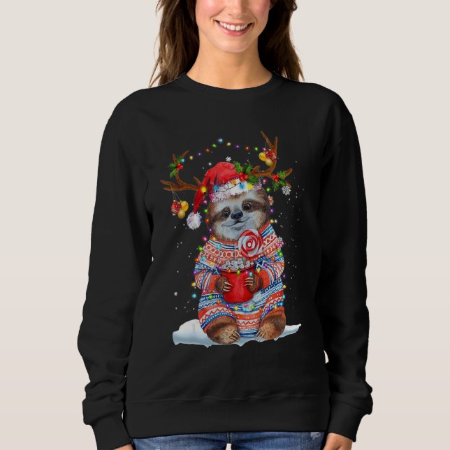 Sloth Reindeer Santa Hat Xmas Lights Christmas Xma Sweatshirt (Front)