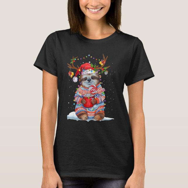 Sloth Reindeer Santa Hat Xmas Lights Christmas Xma T-Shirt (Front)