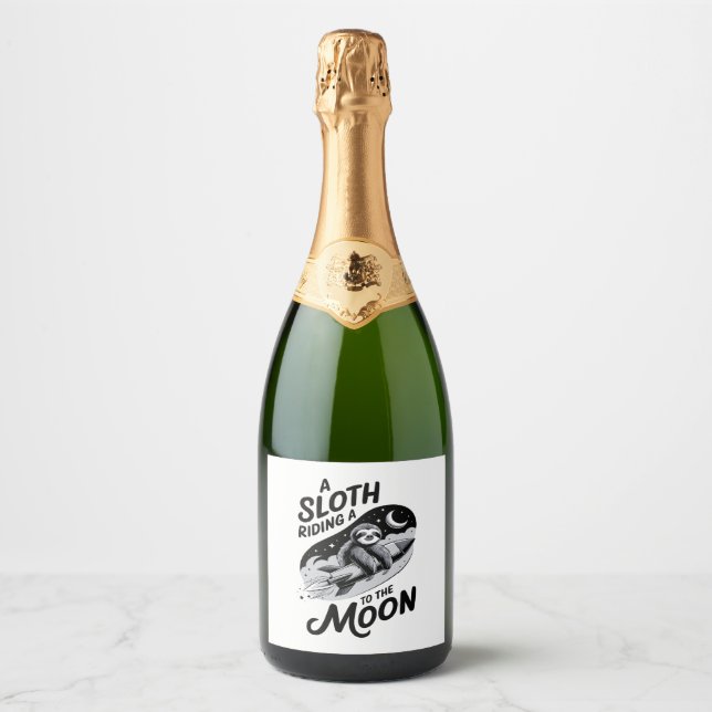 Sloth Riding a Rocket to the Moon Sparkling Wine Label (Front)